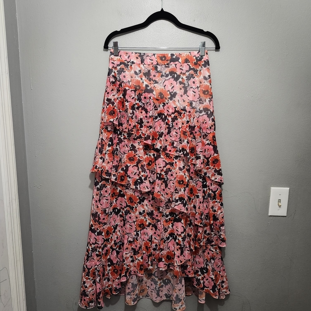 River Island Pink Floral Ruffle High Low Maxi Skirt Size 4